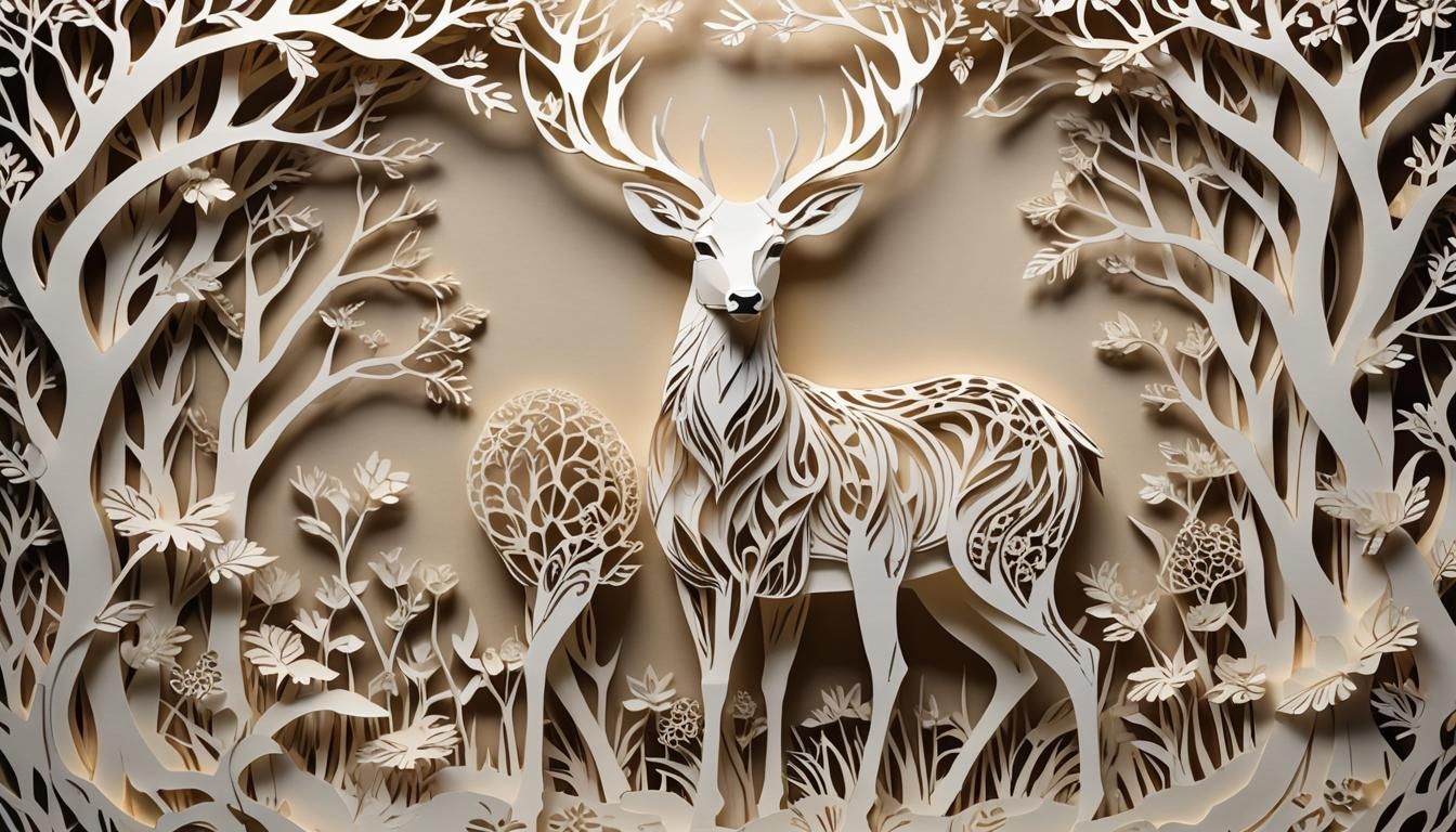 Majestic Deer: Hyperrealistic Kirigami Paper-Cut Wildlife Po...