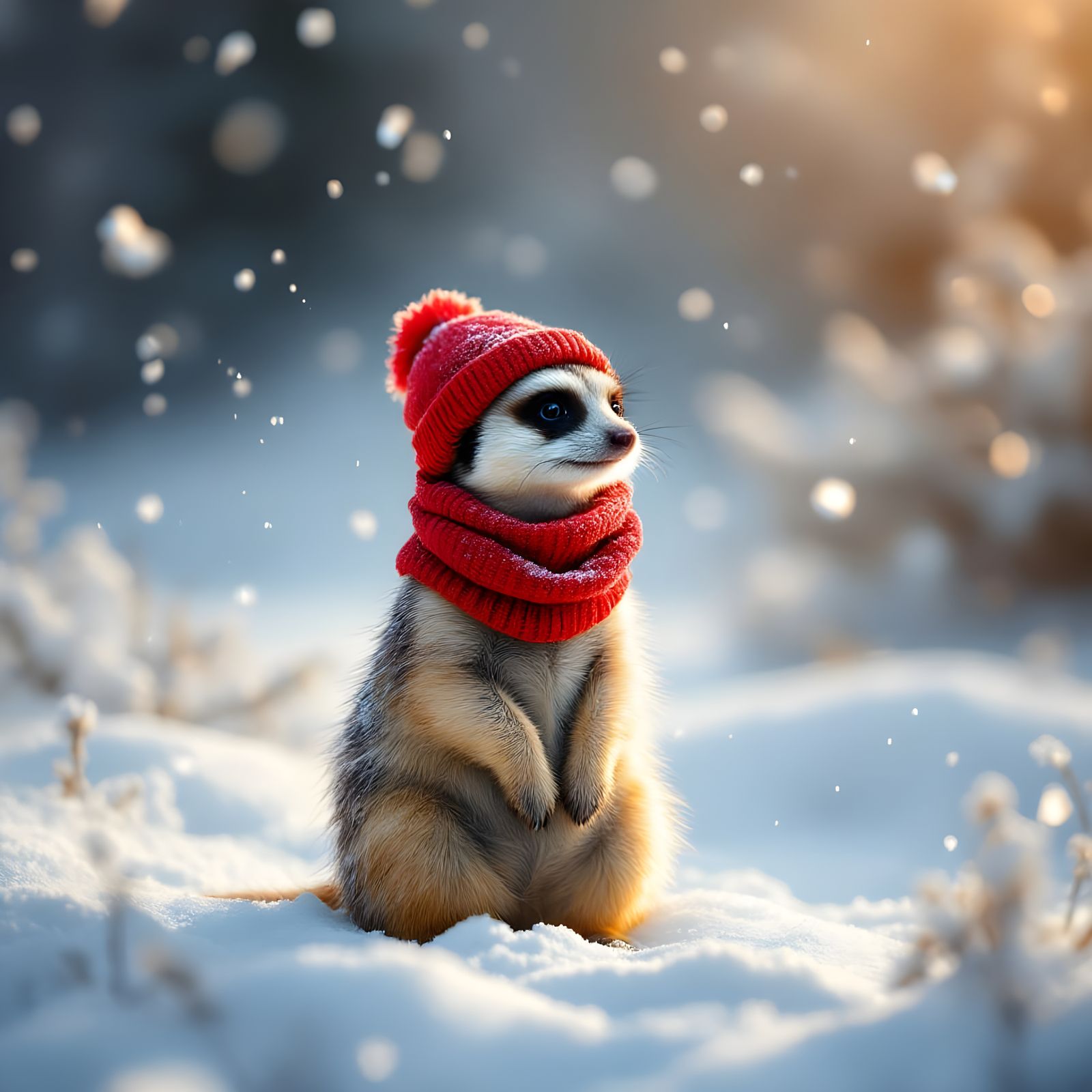 Surreal Meerkat in Red Attire Embarks on Winter Wonderland A...