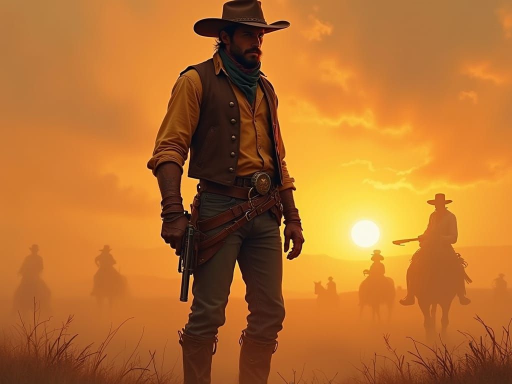 Lone Cowboy at Sunset in Gritty Realism Style