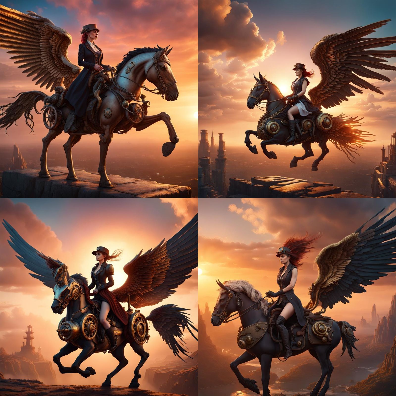 Steampunk Woman Riding Pegasus at Sunset