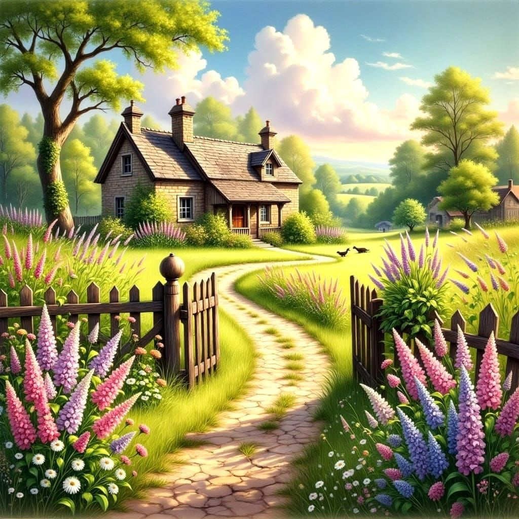 Romantic Countryside Scene in Shabby Chic Style