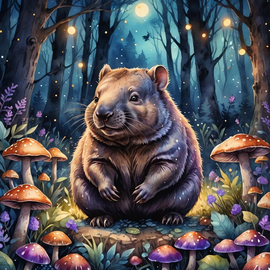 Whimsical Wombat in Moonlit Forest: Watercolor Illustration