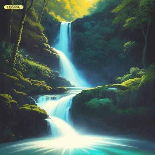 Surreal Art Deco Waterfall in Lush Wilderness