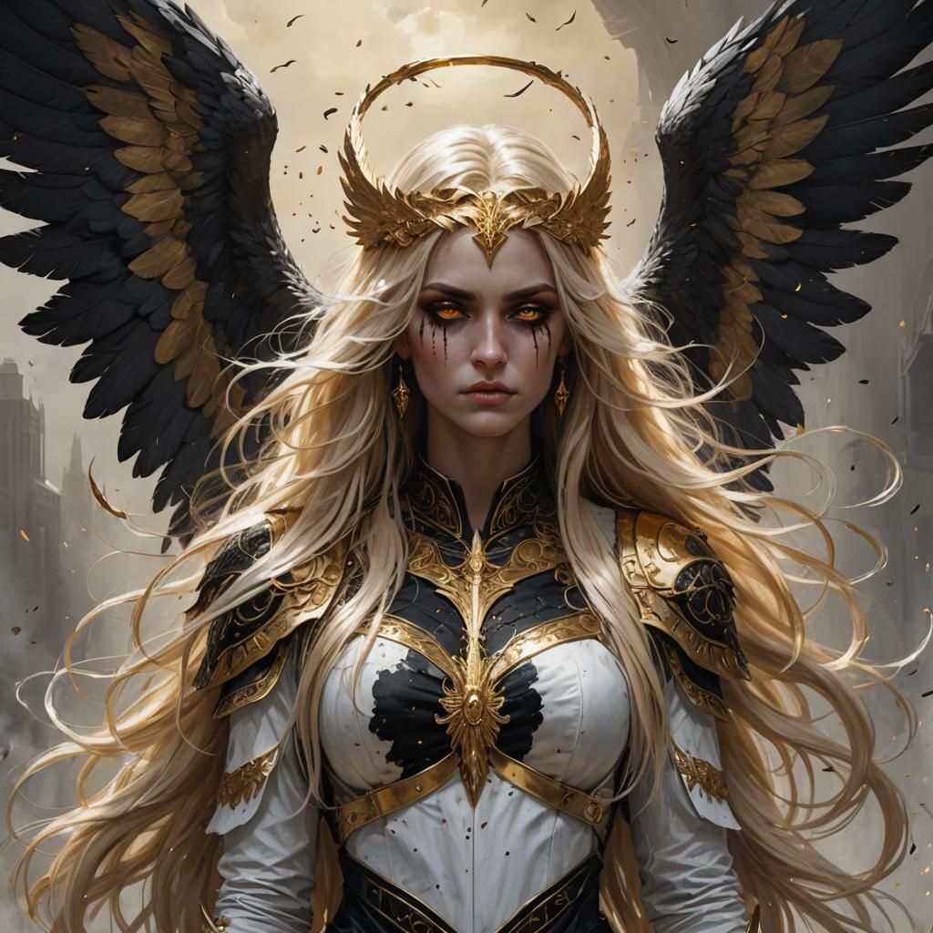 Fallen Aasimar Angel with Black Wings and Golden Hair
