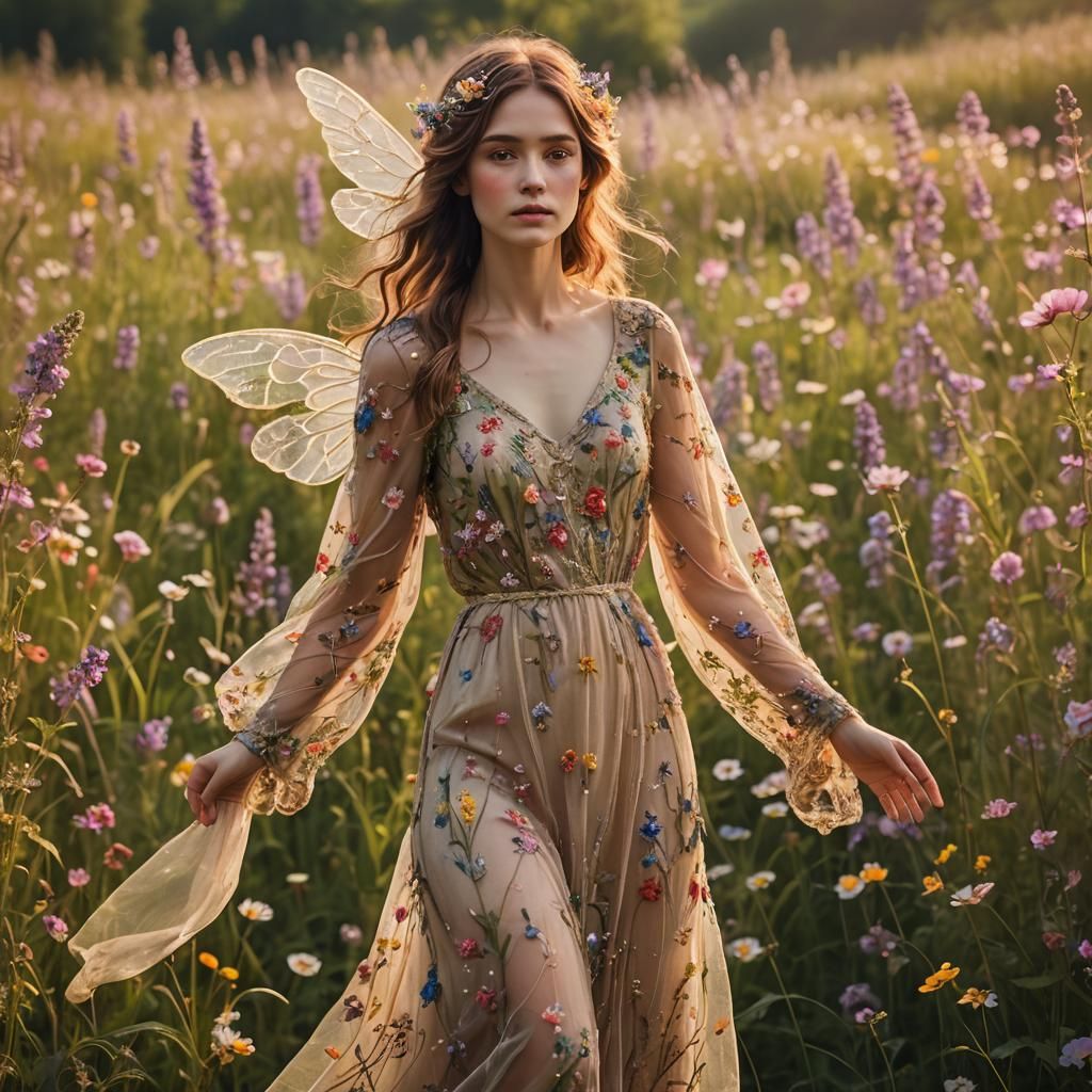 Blooming Spring Fae in Sunlit Meadow