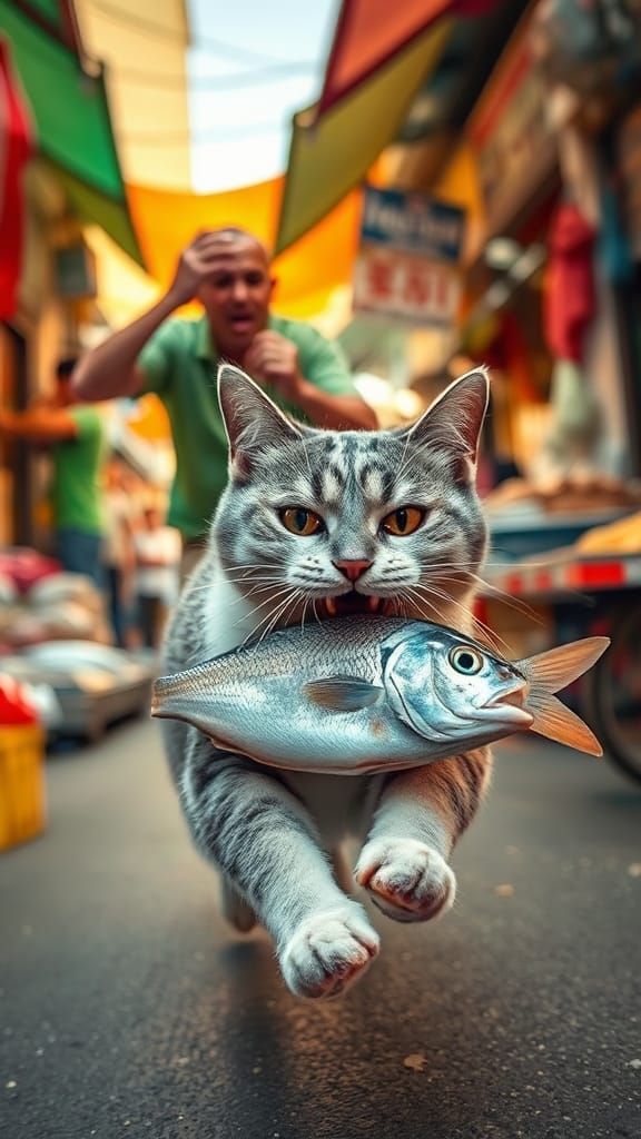 Cat Steals Fish in Hyperrealistic Market Chase