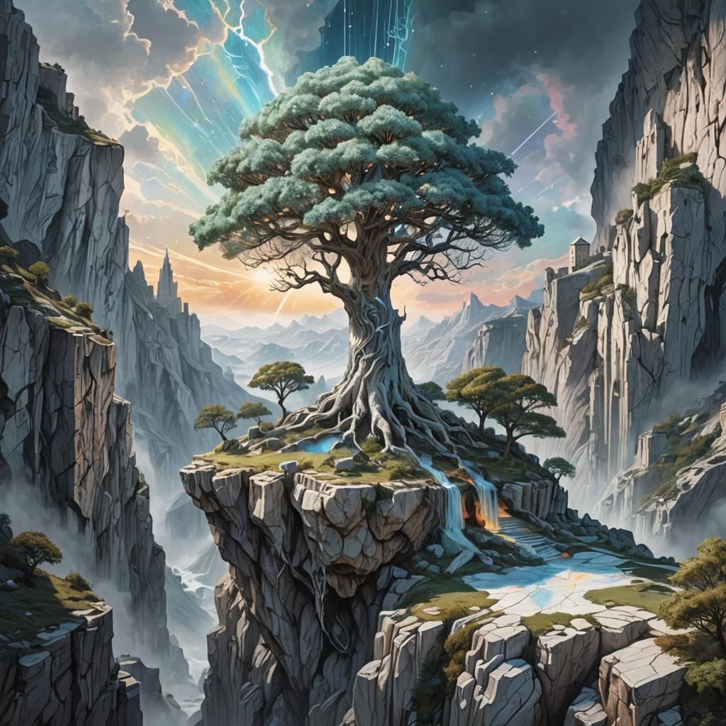 giant tree at the edge of a cliff housing a white marble cit...