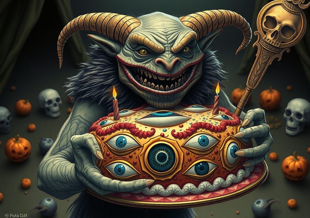 Orville the Orc brings an eye cake to the Halloween party