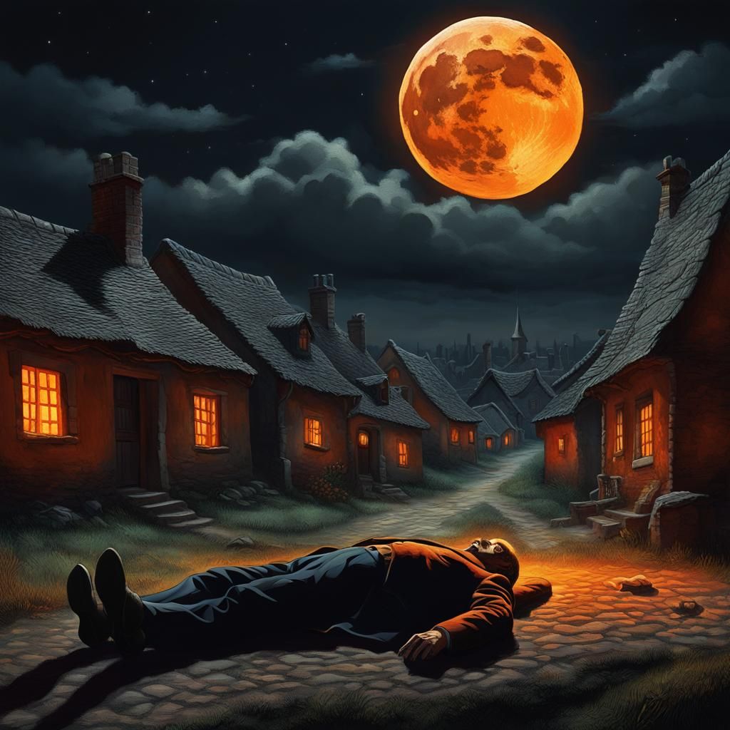 Dramatic Moonlit Village Scene in Oil Painting Style