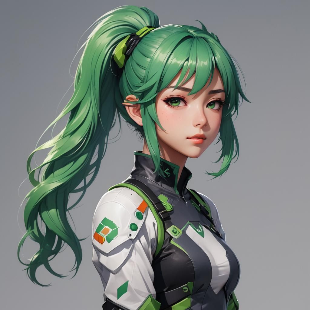 A gorgeous anime waifu with vibrant green hair tied up in a ...