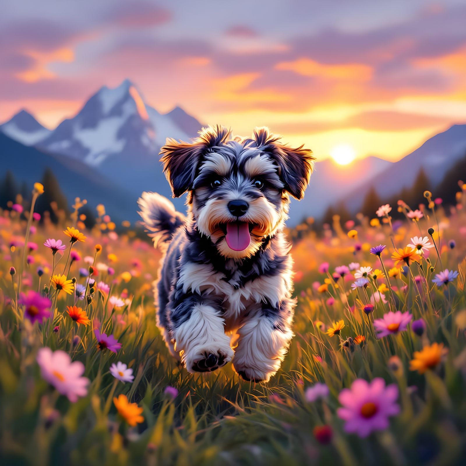 Happy Schnauzer Puppy Running Through Wildflowers