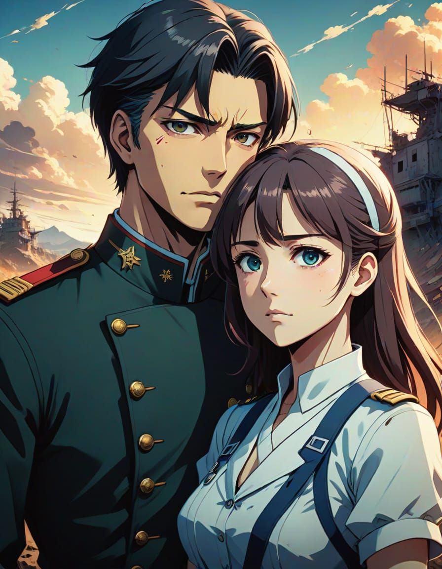 Vibrant Anime Portrait of Star-Crossed Lovers in War-Torn La...
