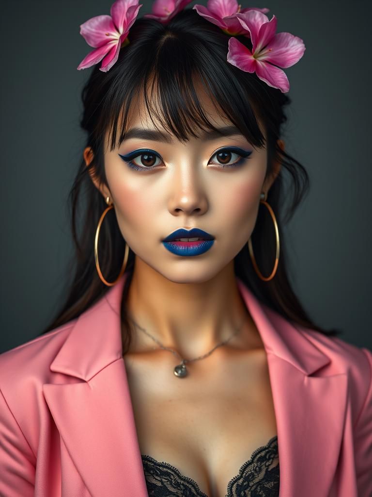 Asian Woman with Blue Lipstick, Studio Portrait