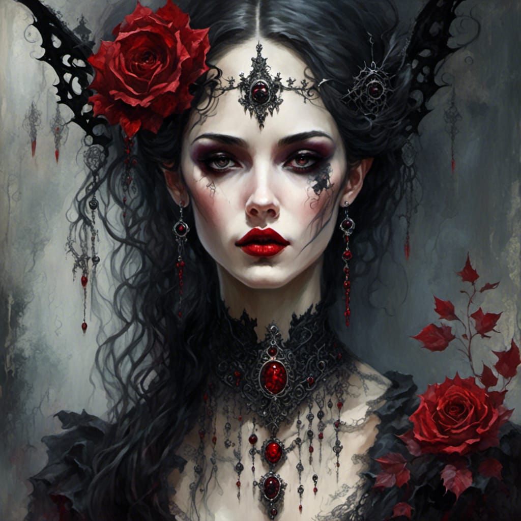 Goth Fairy with Red Lipstick and Lace Choker