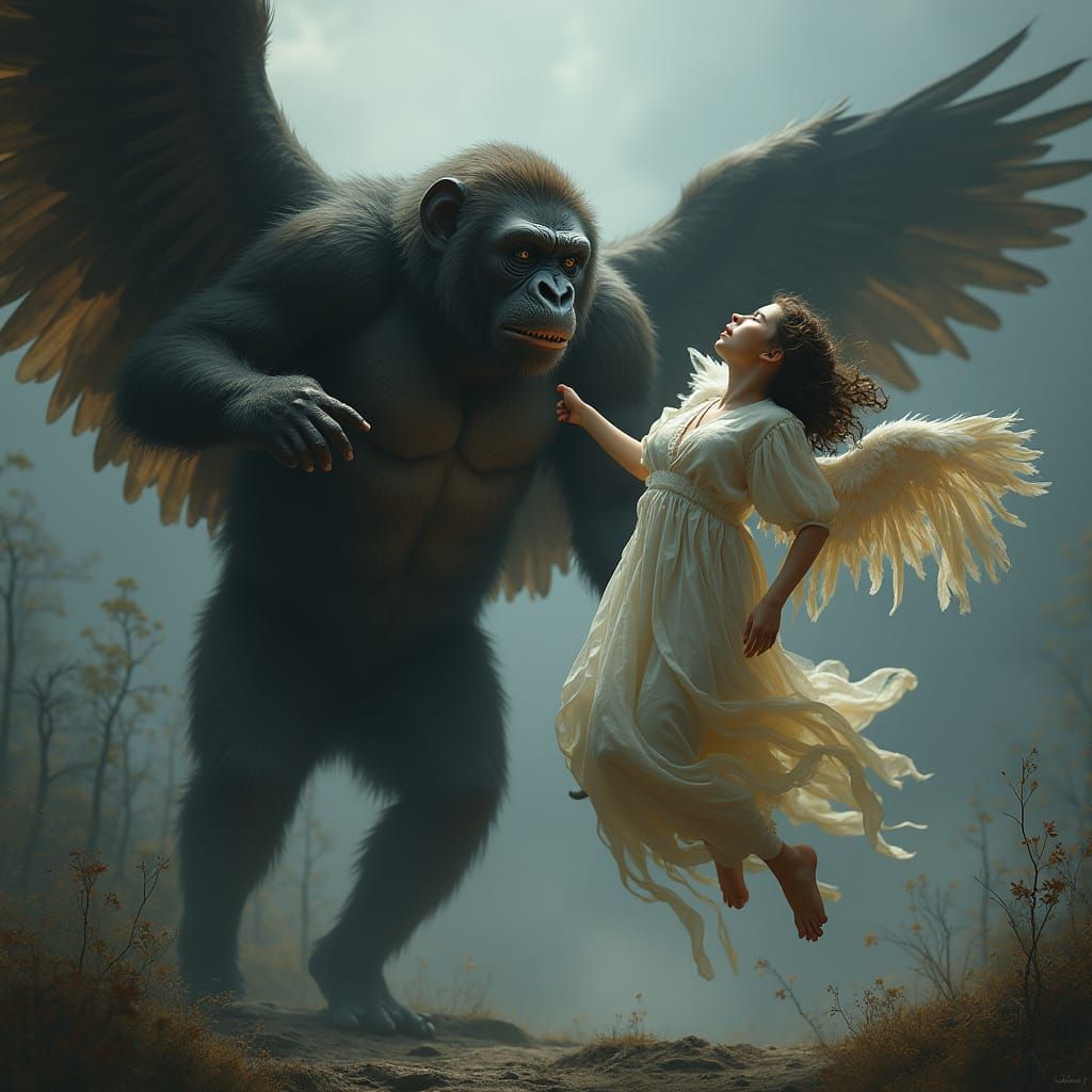 Ape and Angel Clash in Gritty Ethereal Art