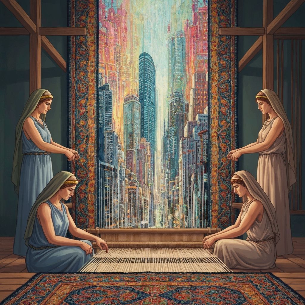 Ancient Greek Women Weave Modern City Tapestry in Epic Illus...