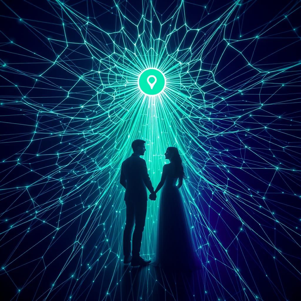 Vibrant Neon Web Connecting Ethereal Figures