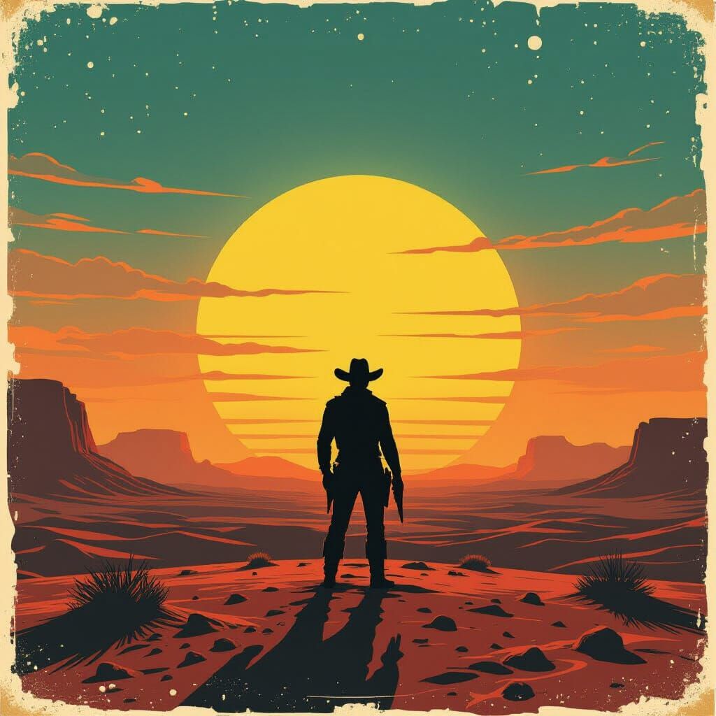 Lone Cowboy on Alien Planet Twin Sunset Retro Sci-Fi Poster