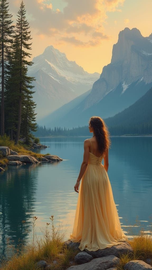 Woman at Dusk in Bierstadt Style Landscape