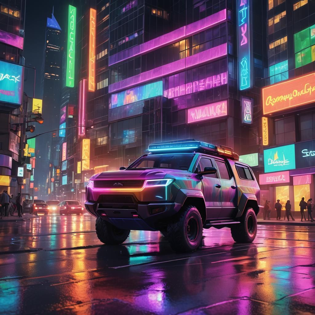 Rainbow Cybertruck Speeds Through Neon City