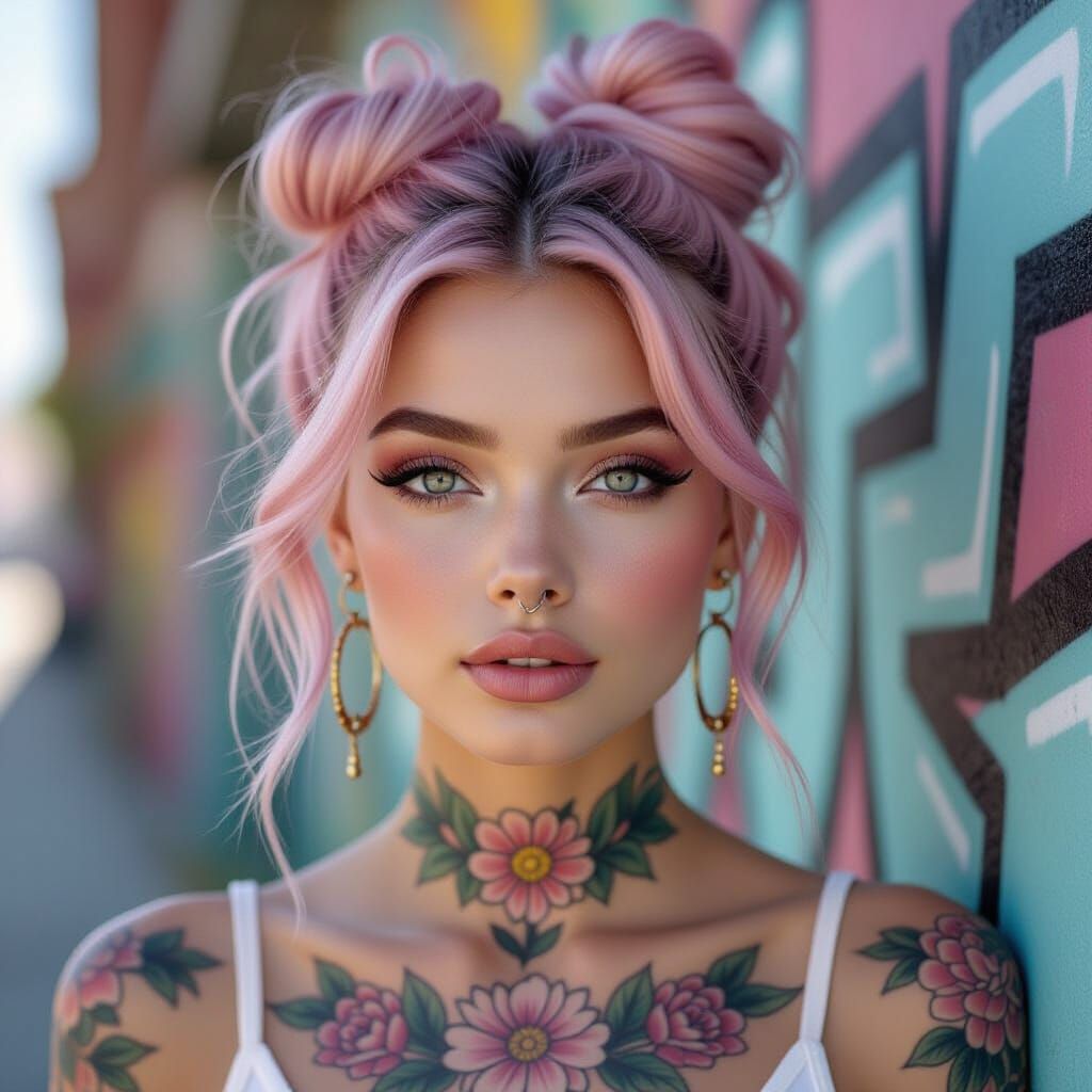 A vibrant fantasy portrait of a young woman with pastel pink...
