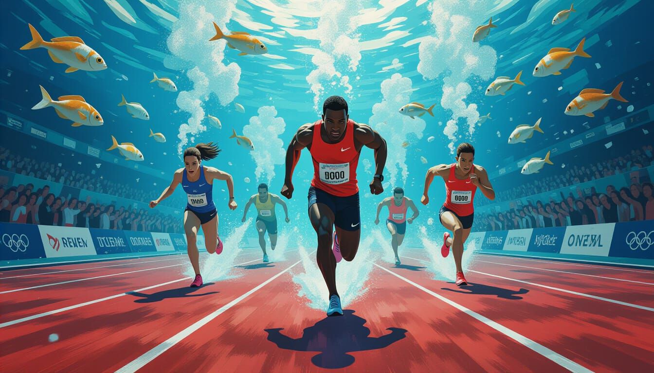 Underwater Olympic Race in Manhwa Glitchcore Style