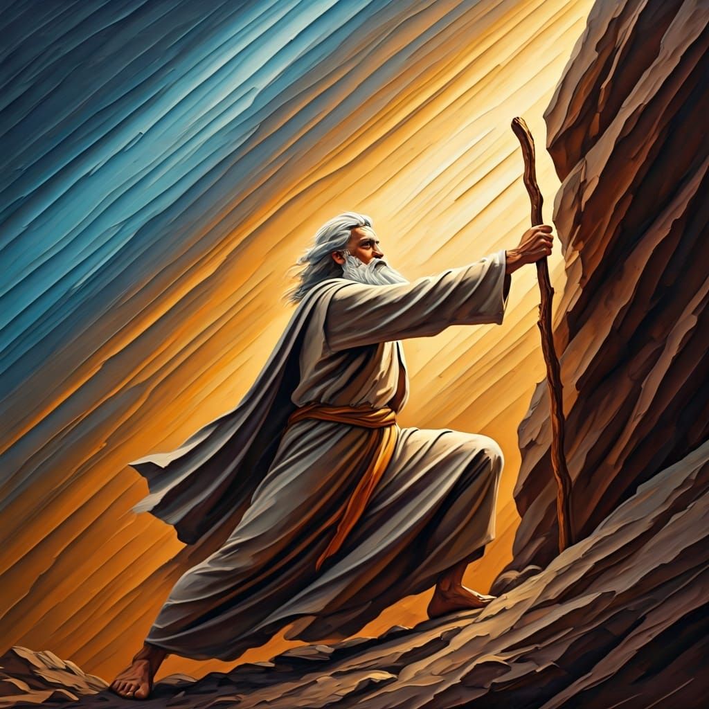 Moses and the Rock: Neo-Impressionist Oil Painting