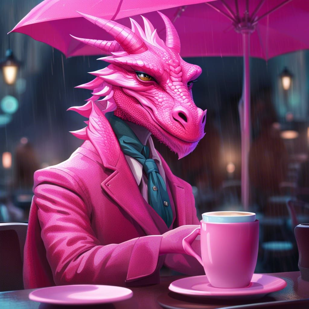 Pink Dragon Hipster Drinks Coffee in London, Hyperdetailed A...
