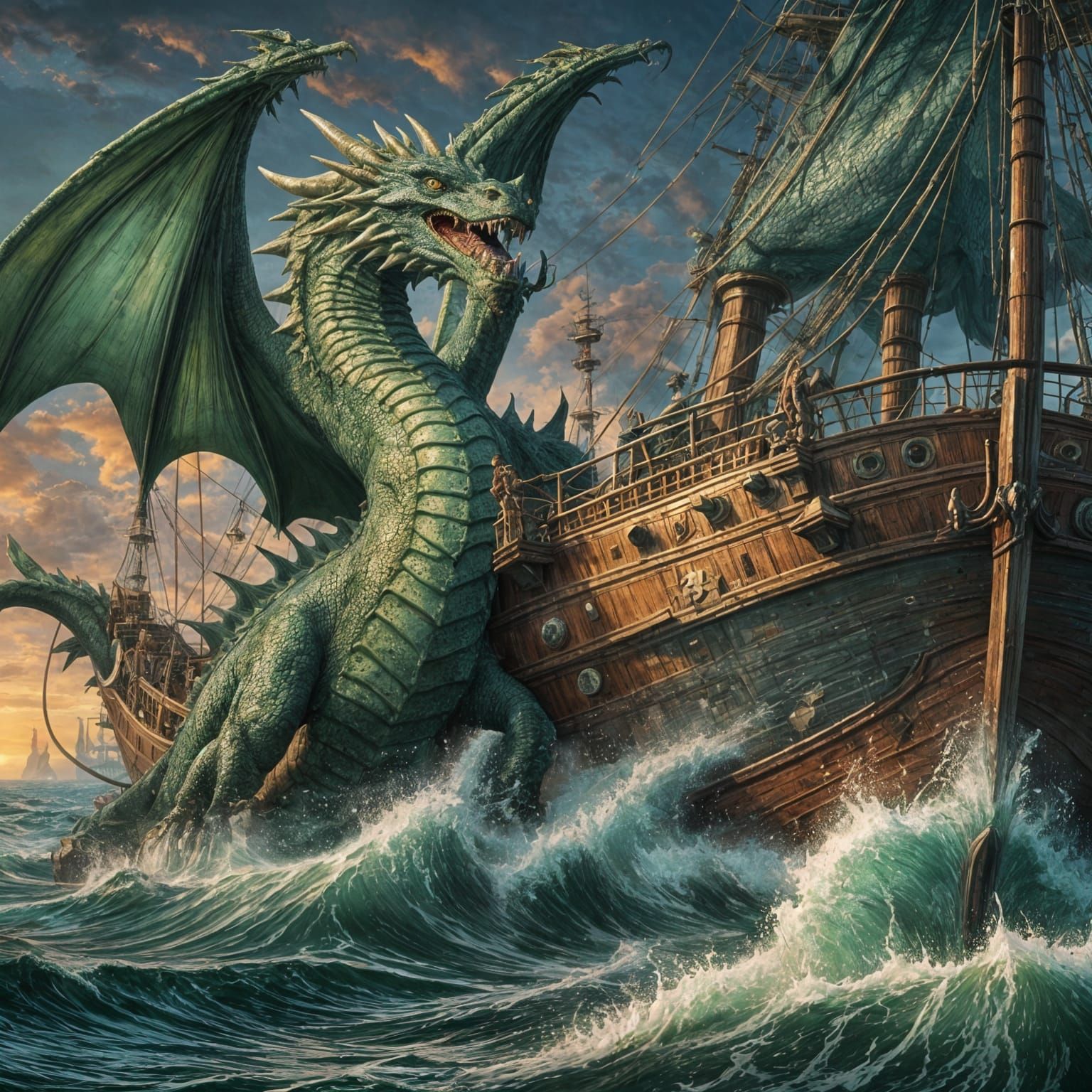 Giant Green Dragon Attacks Ship: Pointillism Fantasy Art