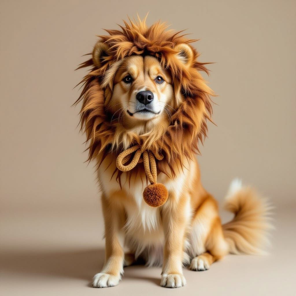 Golden Dog in Lion Costume with Pompom Tail