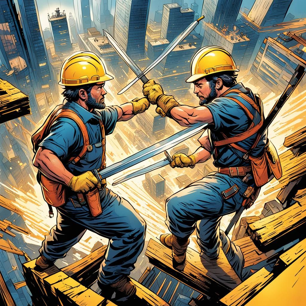 Construction Workers Sword Fight in Comic Book Art