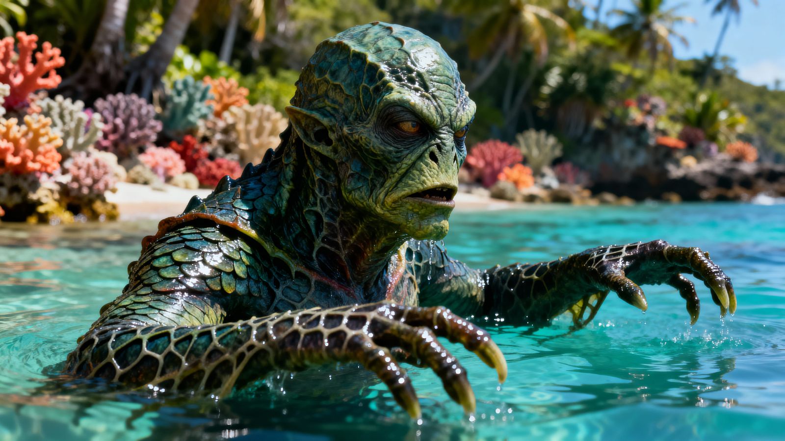 Creature Emerges From Tropical Cove Hyperrealistic