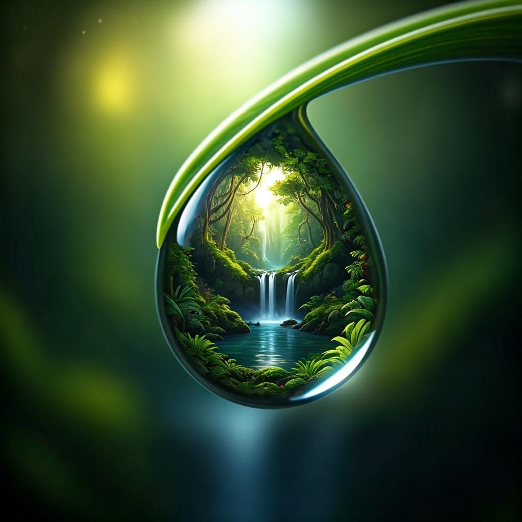 Jungle Reflection in Water Droplet: Hyper-Realistic Macro