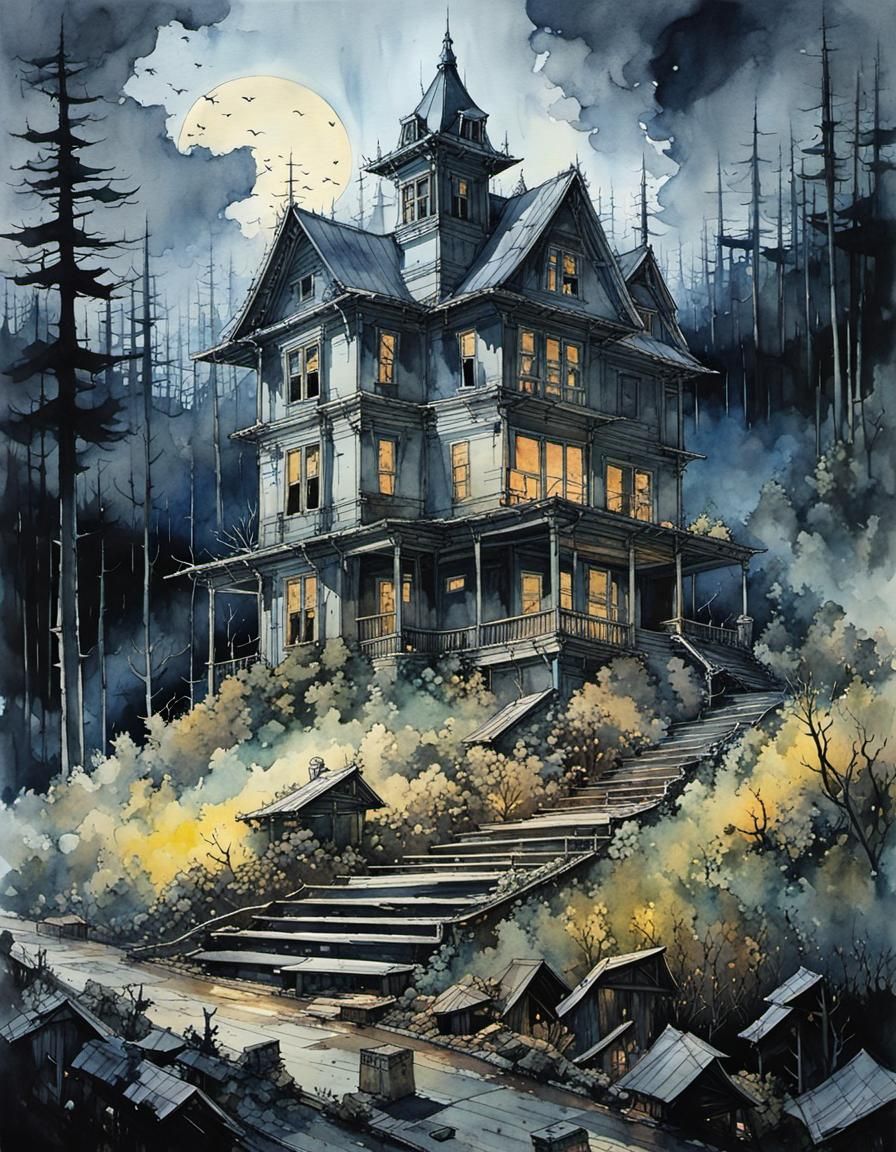 Eerie Watercolor: Abandoned Asylum in Mushroom Forest