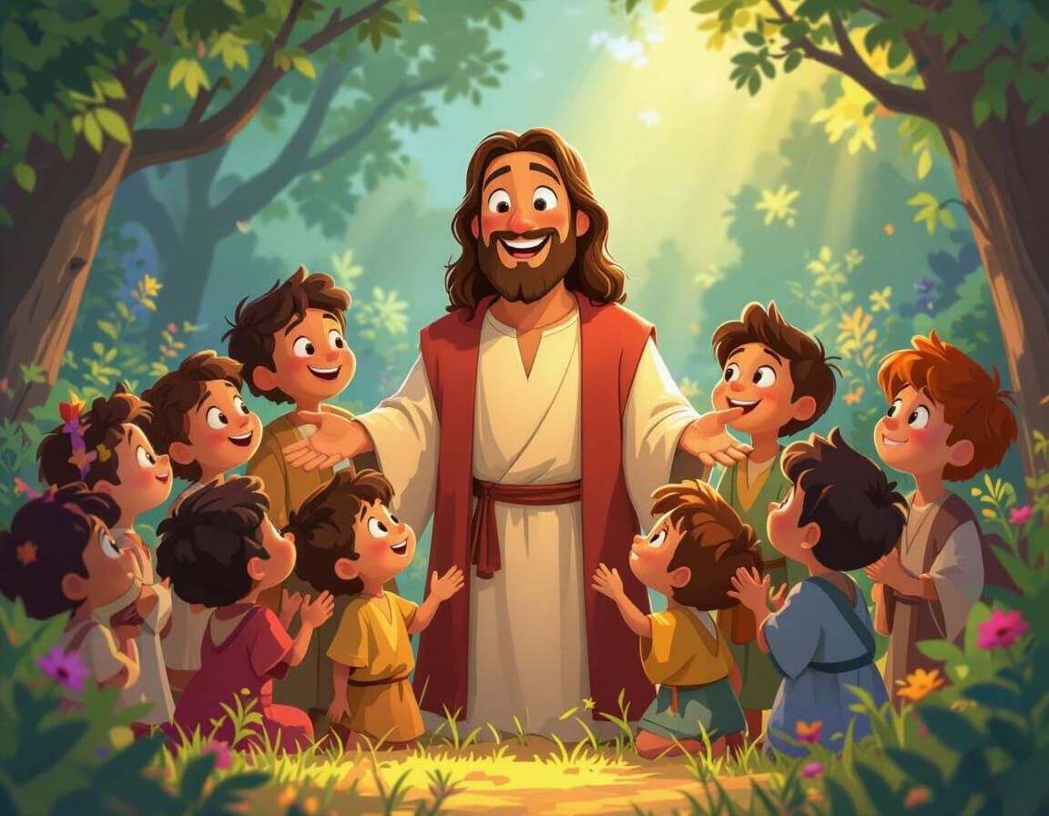Jesus Christ Surrounded by Children in Pixar Style