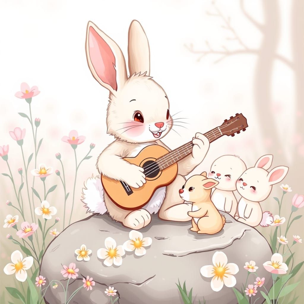 Bunny Plays Guitar for Baby Animals in Spring