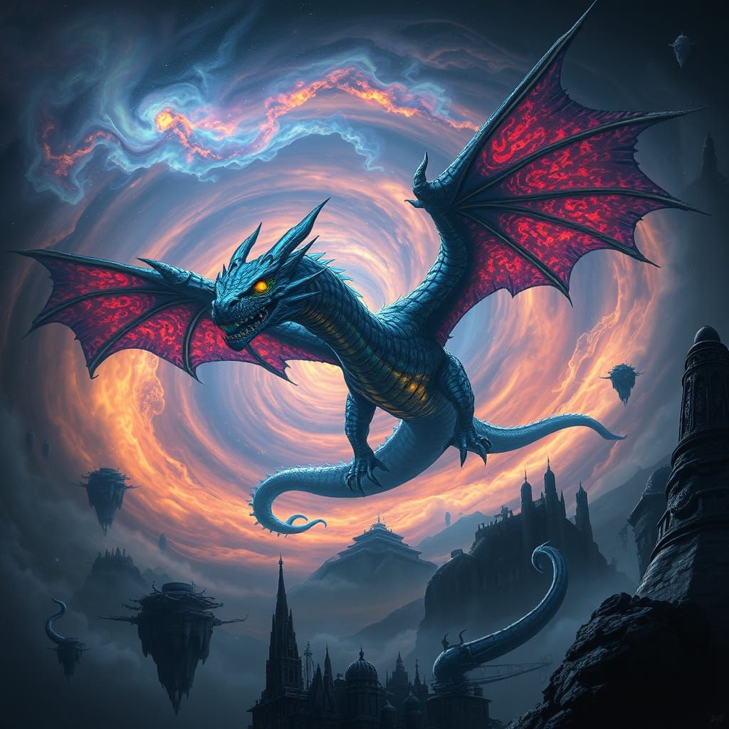 Bioluminescent Dragon Soaring Through Cosmic Nebula