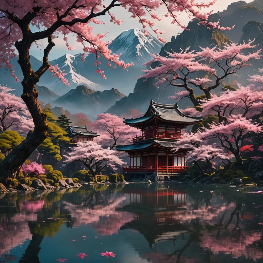 Japanese Temple and Cherry Blossoms Reflected in Lake