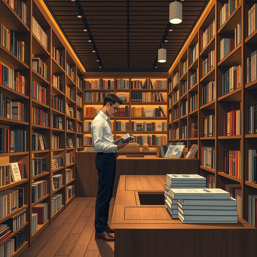 Bookstore Scene in Whimsical Illustrative Style