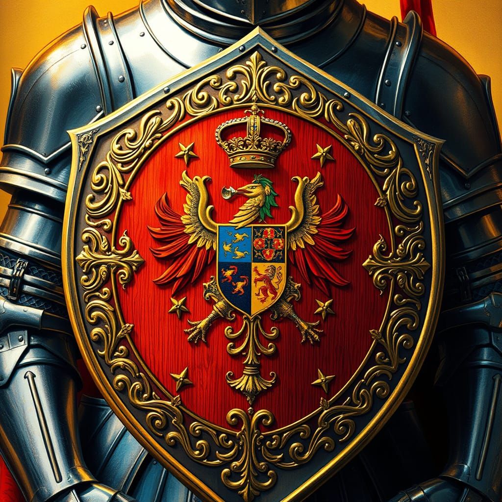 Ornate Medieval Shield Against Polished Knight's Armour