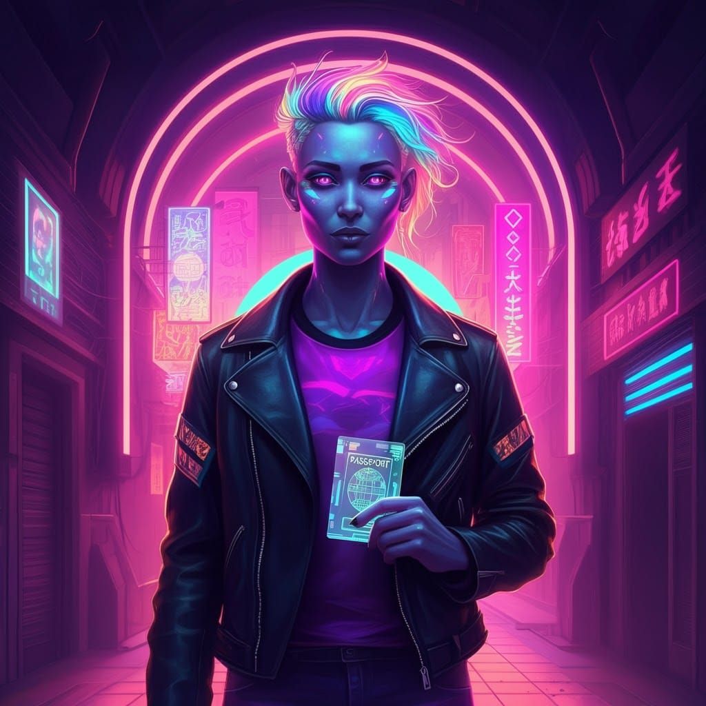 Cyberpunk Being at Underworld Entrance with Passport