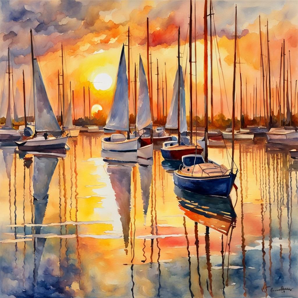 Sailboats at Sunset: Impressionist Watercolor Painting