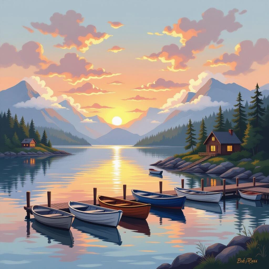 Peaceful Sunrise Harbor with Misty Mountains and Cabins