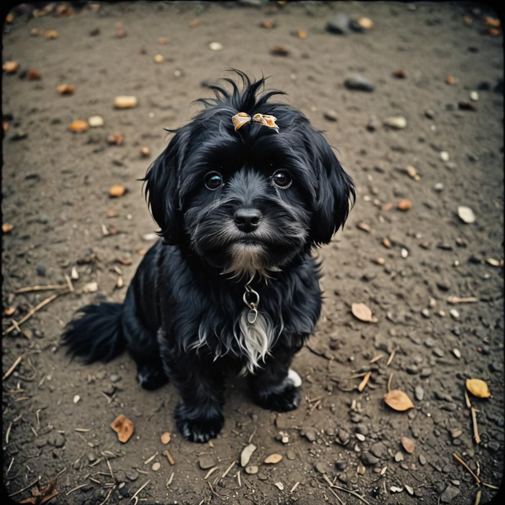 Small Black Havanese in Cinematic Film Still