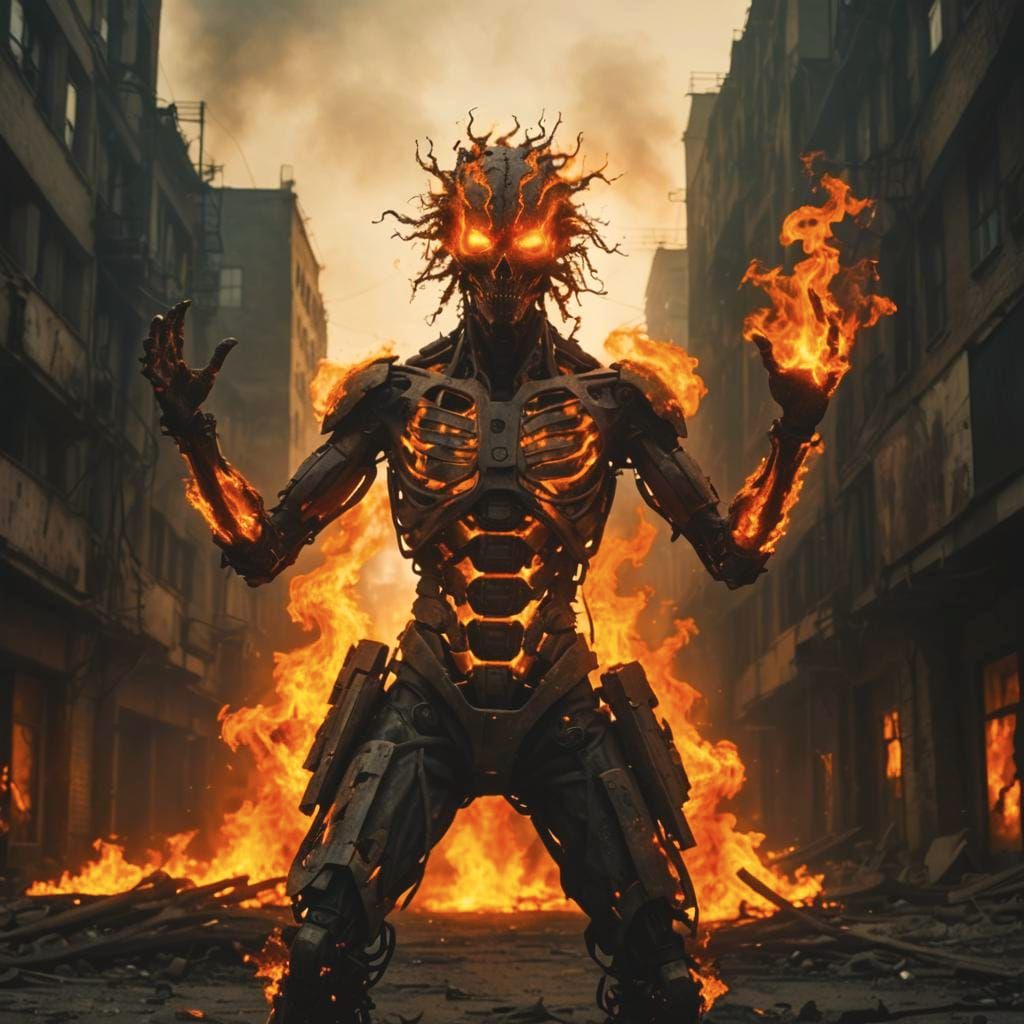 Fiery Humanoid in Dystopian Cityscape
