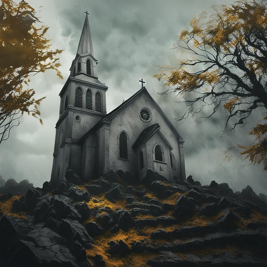 Moody Gothic Church Amidst Foggy Fall Landscape