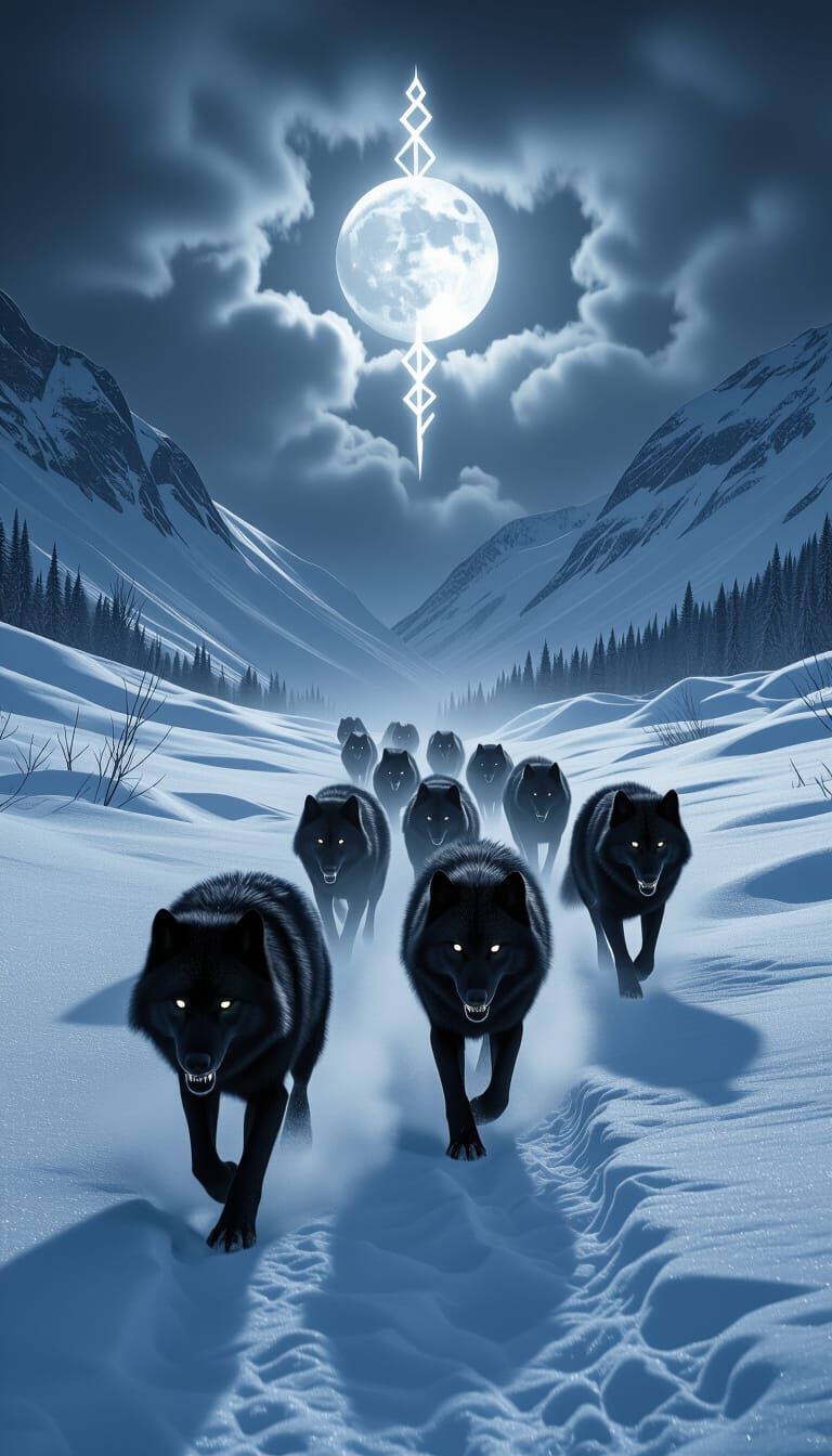 Black Wolves Running Through Snowy Mountains Under Moonlight