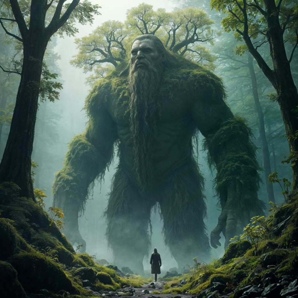 Moss-Covered Giant Emerges from Misty Forest in Epic Dark Fa...