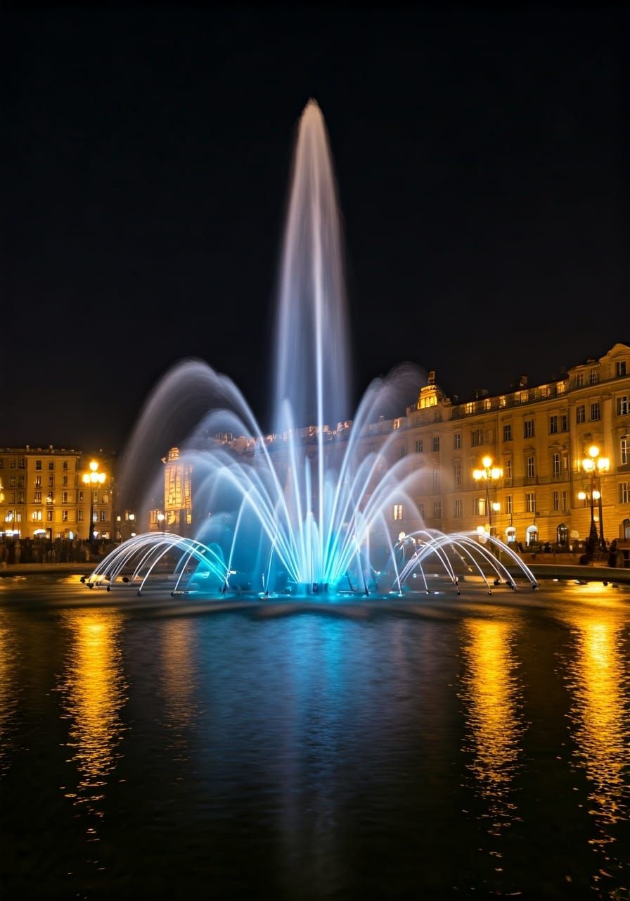 Night, illuminated multicoloured baroque fountain