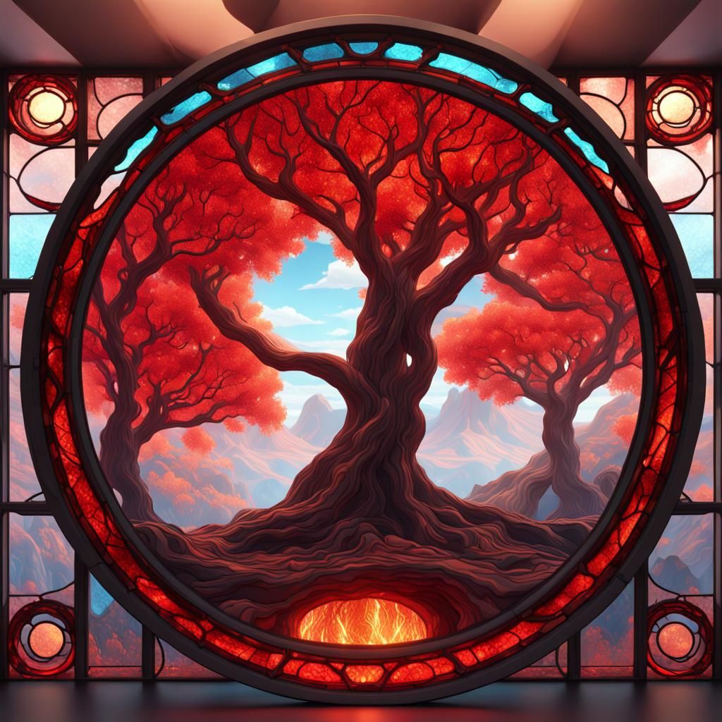 Lava and Red Trees in Stained Glass Graphic